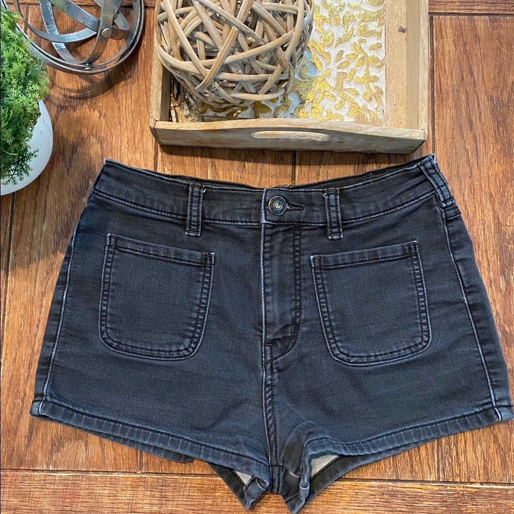 Free People High-Rise Black Denim Patch Pocket Shorts